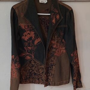 Coldwater Creek Floral Embroidered Denim Jacket - Brown/Black